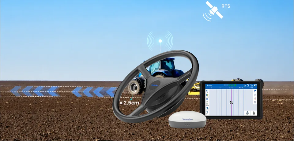 Volante de piloto automático, antena e monitor Sveaverken sobre um talhão de terra arada, com um trator ao fundo.