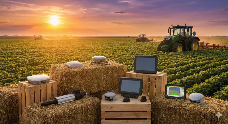 Monitores e antenas de piloto automático expostos sobre fardos, com máquinas ao pôr do sol.