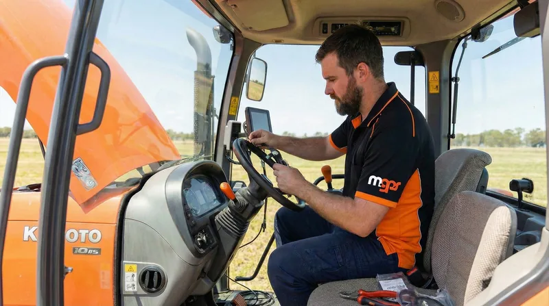 Técnico da Mercadão GPS operando o monitor de piloto automático na cabine de um trator.